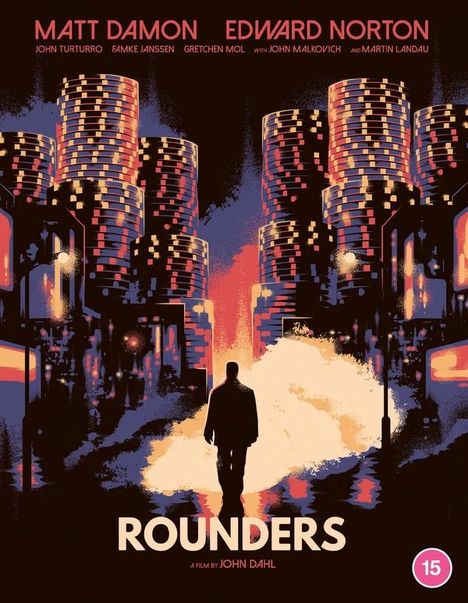 "ROUNDERS" und Schauspielernamen oben. Silhouette eines Menschen vor nächtlicher Stadt mit leuchtenden Hochhäusern.