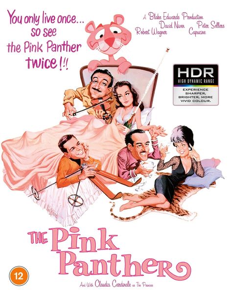 Text: "You only live once... so see the Pink Panther twice!!" Illustration mit vier Personen im Bett und dem Pink Panther.