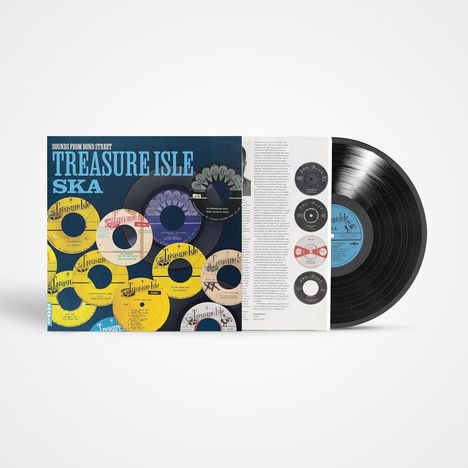 Texte: "Sounds from Bond Street", "Treasure Isle Ska". Eine Schallplatte und deren Cover mit bunten Vinyl-Single-Labels.