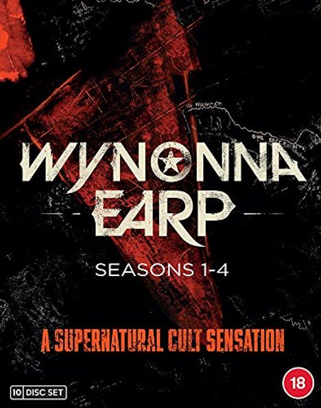 "Wynonna Earp, Seasons 1-4, A Supernatural Cult Sensation." Ein rotes X im Hintergrund auf schwarzem Grund.