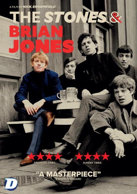 "The Stones & Brian Jones" in großer Schrift oben. Unten stehen Rezensionen mit Sternen, daneben sitzen fünf junge Männer.