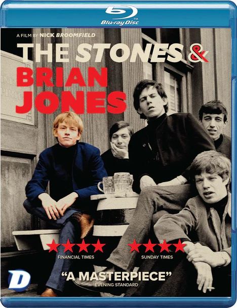 "A Film By Nick Broomfield: The Stones & Brian Jones" in Großbuchstaben, fünf Bandmitglieder sitzen auf Stufen.