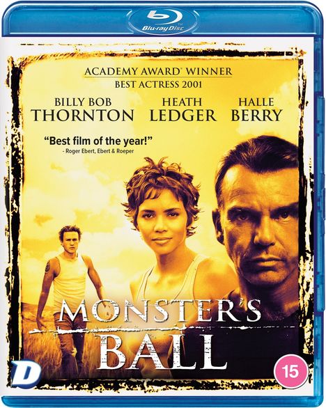 „Academy Award Winner Best Actress 2001. Billy Bob Thornton, Heath Ledger, Halle Berry. Monster's Ball.“ Darsteller auf gelbem Hintergrund.