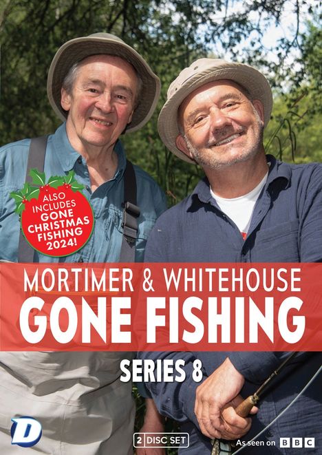„Mortimer & Whitehouse Gone Fishing Series 8“ in großen Buchstaben, zwei lächelnde Männer in Anglerkleidung.