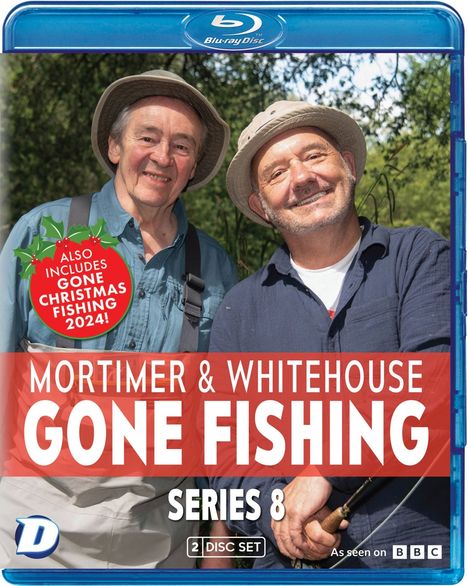Text: "Mortimer & Whitehouse Gone Fishing, Series 8. Also includes Gone Christmas Fishing 2024! 2 Disc Set." Zwei Männer mit Angelruten.