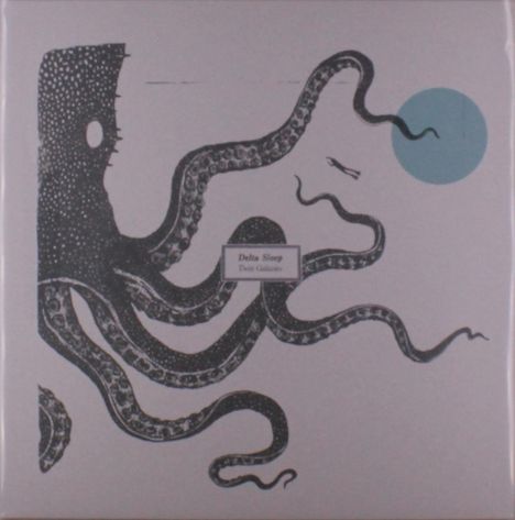 "Delta Sleep, Twin Galaxies" steht in einem Rechteck. Eine schwarz-weiße Illustration eines Oktopus mit einem blauen Kreis.