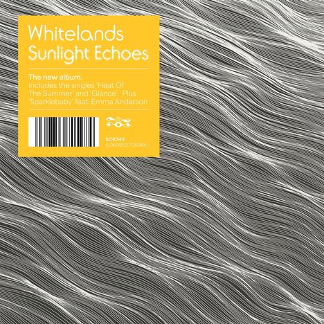 Gelber Kasten mit Text: "Whitelands, Sunlight Echoes. The new album Includes 'Heat Of The Summer' and 'Glance'." Linienmuster im Hintergrund.