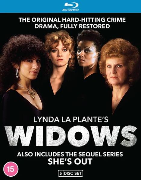 "The Original Hard-Hitting Crime Drama, Fully Restored. Lynda La Plante's Widows. Includes Sequel Series She's Out."  
Vier Frauen posieren in dunkler Kleidung.