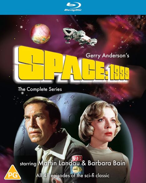 „SPACE: 1999“, Blu-ray Cover, zeigt Raumschiff, Planeten, zwei Personen, Titel „The Complete Series“, PG-Rating.