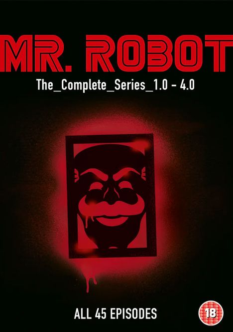 "Mr. Robot. The_Complete_Series_1.0-4.0. ALL 45 EPISODES." Ein stilisiertes Gesicht in rotem Licht und ein 18er-Logo.