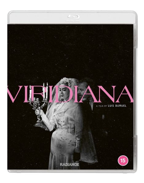 „VIRIDIANA“ in rosa Buchstaben, darunter „A FILM BY LUIS BUÑUEL“. Frau im Brautkleid mit Kerzenleuchter.