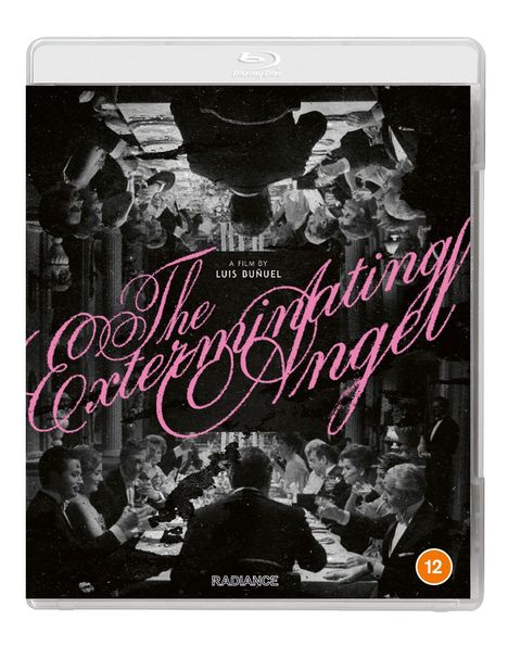 Text: "The Exterminating Angel, A Film by Luis Buñuel." Schwarz-weiße Szene eines feiernden Abendessens.