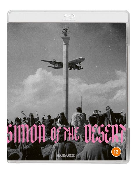 Text: "Simon of the Desert", "Radiance". Ein Mann steht auf einer Säule, darüber fliegt ein Flugzeug, umgeben von einer Menschenmenge.