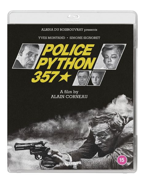 Text: "POLICE PYTHON 357, A film by ALAIN CORNEAU." Oben und unten Fotos von Personen, ein Mann zielt mit einer Pistole.