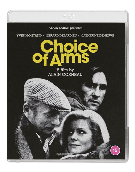 Text: "ALAIN SARDE presents, YVES MONTAND, GERARD DEPARDIEU, CATHERINE DENEUVE, Choice of Arms, A film by ALAIN CORNEAU". Schwarz-weißes Buchcover mit drei Personen.