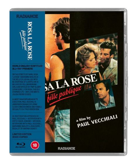 Cover mit blauem Streifen links: "ROSA LA ROSE fille publique". Bild zeigt vier Personen in Dialog.