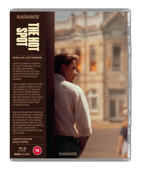 "The Hot Spot" in vertikaler Schrift. Beschreibung über einen Drifter, Liebe, Mord; limitierte Edition, 5000 Kopien. Abbildung eines Mannes.