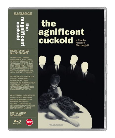 "the magnificent cuckold", "a film by Antonio Pietrangeli". Frau in schwarzem Kleid sitzt, vier Anzugmänner ohne Gesichter.