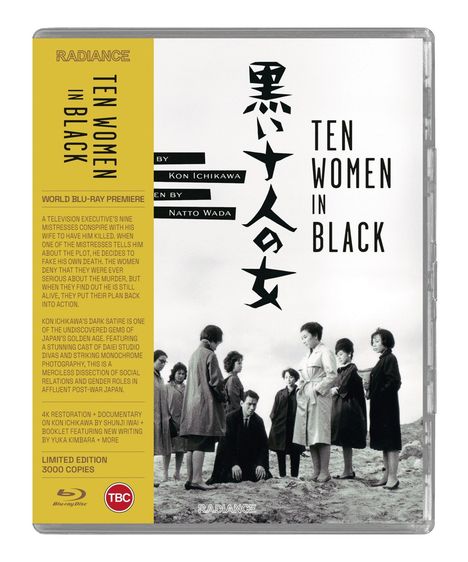 Links: "World Blu-ray Premiere", "Ten Women in Black". Schwarz-weißes Foto von zehn Frauen und einem Mann im Anzug.