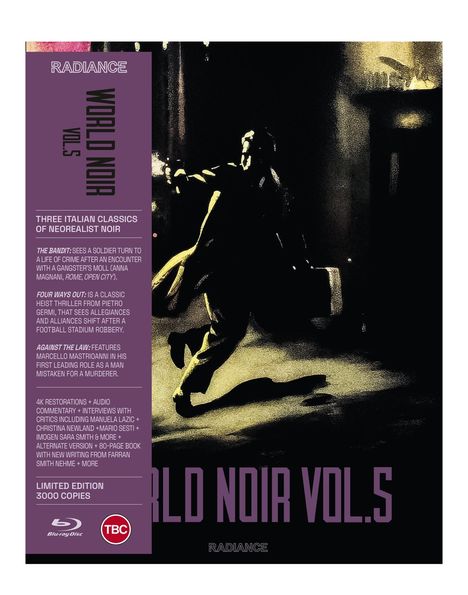 "WORLD NOIR VOL. 5: Drei italienische Klassiker des Neorealistischen Noir. Limited Edition 3000 Kopien." Illustration von Mann in Bewegung.