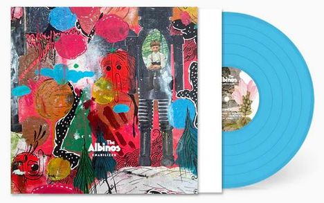 Text: "The Albinos", "Parluzern". Eine bunte, abstrakte Illustration mit einem Mann, im Stehen dargestellt. Türkise Vinylplatte.