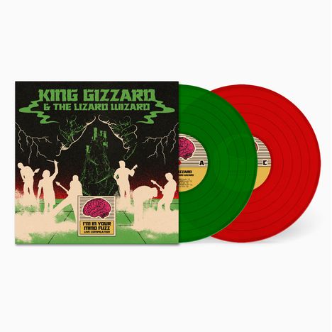 "King Gizzard & The Lizard Wizard", "I’m in Your Mind Fuzz". Illustration von Silhouetten vor grünem und rotem Hintergrund.