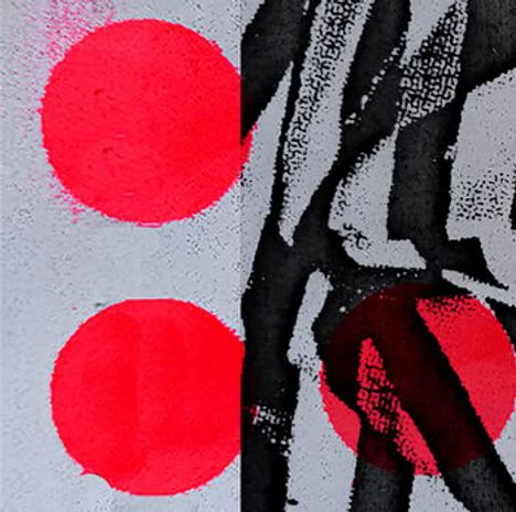 Keine erkennbaren Texte. Zwei rote Kreise links, abstrakte schwarz-weiße Muster rechts.