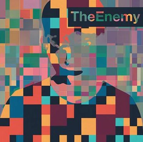 Text: "The Enemy". Ein farbenfrohes Mosaik mit einem stilisierten Gesicht in Quadraten.