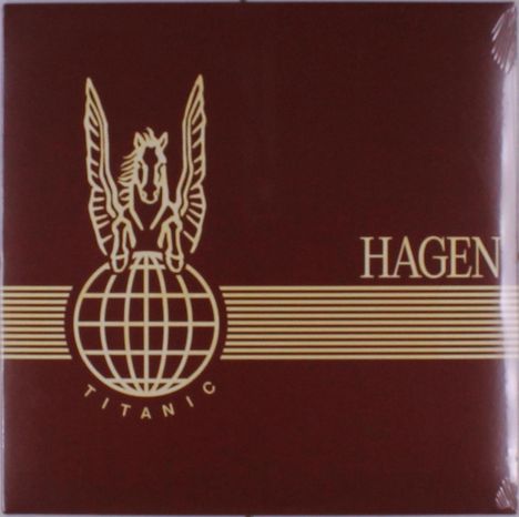 Text: Titanic, Hagen. Logo mit geflügeltem Pferd auf Erdkugel. Hintergrund in Dunkelrot, Linien in Gold.