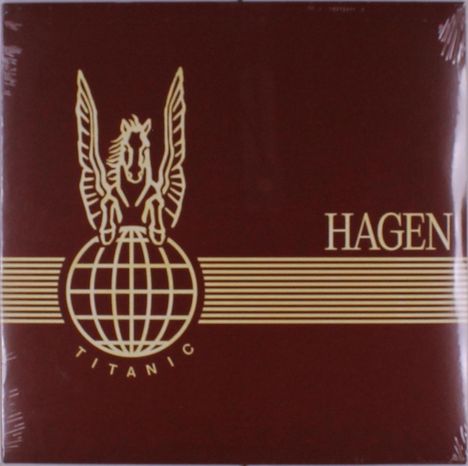 Text: "HAGEN" und "TITANIC". Illustration: Ein Pegasus steht auf einer Weltkugel, umgeben von Linien.