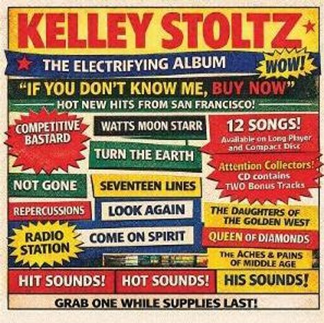 "KELLEY STOLTZ", Albumtitel und Songnamen wie "COMPETITIVE BASTARD". Werbeanzeige im Retro-Stil, bunte Kästen.