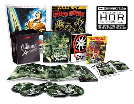 4K Ultra HD Features HDR, Hammer The Quatermass Xperiment. Box-Set mit Büchern, DVDs und Postern zu Filmszenen.