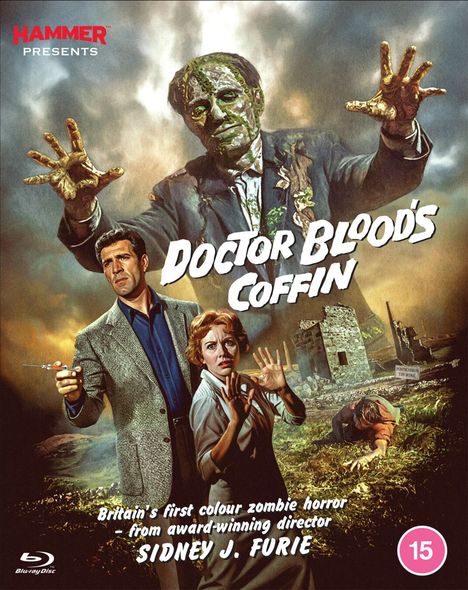 "Doctor Blood's Coffin" in großen Buchstaben. Ein Zombie greift nach vorn, ein Mann mit Spritze, verängstigte Frau im Vordergrund.