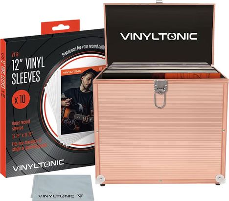 Deckelbox und schwarze Verpackung „VINYLTONIC“, Aufschrift: „12“ Vinyl Sleeves x10“, „Protection for your record collection“.