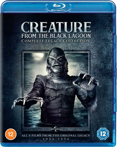 Text: "CREATURE FROM THE BLACK LAGOON COMPLETE LEGACY COLLECTION". Schwarz-weißes Bild eines Monsters aus dem Wasser auftauchend.