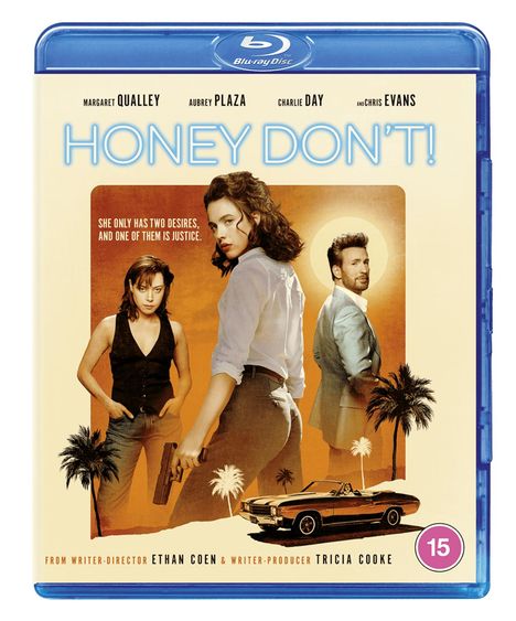 Blu-ray-Hülle: „HONEY DON'T!“ Margaret Qualley, Aubrey Plaza; Menschen, Auto und Palmen im Hintergrund. Altersfreigabe 15.