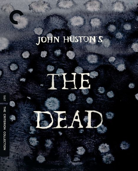 "JOHN HUSTON'S THE DEAD," 1987, The Criterion Collection. Dunkle, aquarellierte Hintergrundillustration mit Punkten.