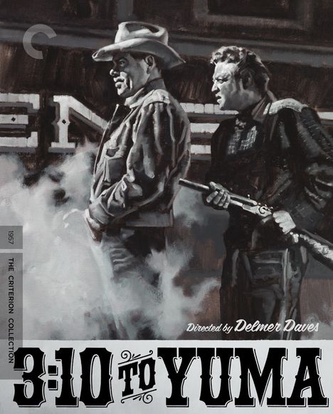 "3:10 to Yuma", "Directed by Delmer Daves". Zwei Männer, Westernkleidung, einer mit Waffe, rauchiger Hintergrund.