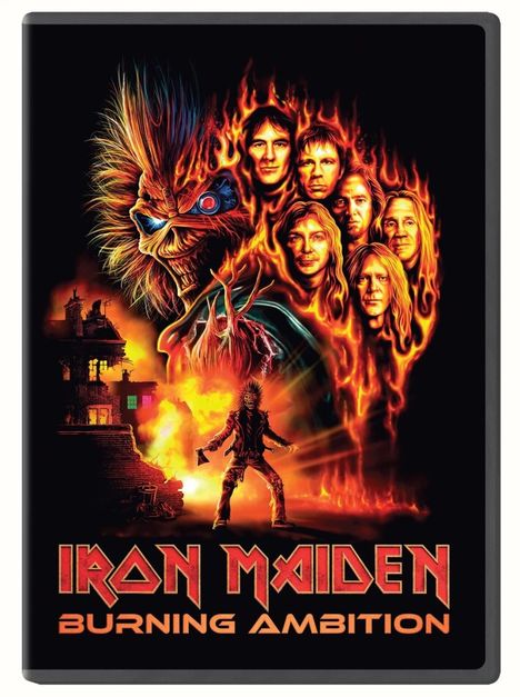 "Iron Maiden, Burning Ambition" in roter Schrift. Ein Monster mit Flammen und Gesichtern, Gebäude und eine Gestalt vor Feuer.