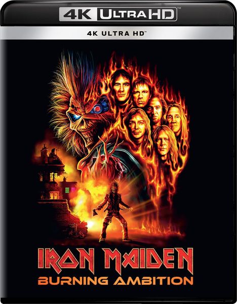 Text oben: "4K ULTRA HD 4K ULTRA HD". Text unten: "IRON MAIDEN BURNING AMBITION". Illustration zeigt Flammen und Gesichter.