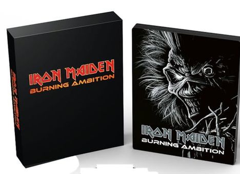 Aufschrift: "Iron Maiden Burning Ambition". Schwarze Box, daneben eine Illustration eines Grimassen schneidenden Gesichts.