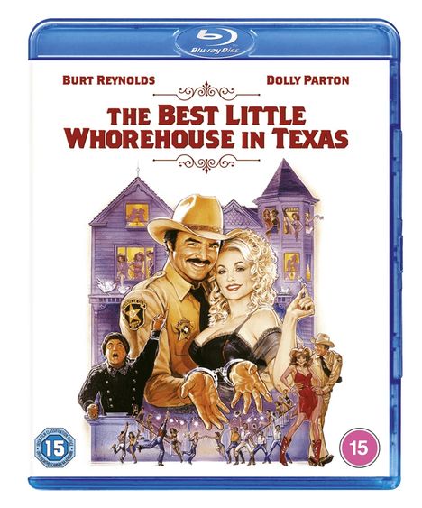 Blu-ray-Hülle mit Schriftzug "THE BEST LITTLE WHOREHOUSE IN TEXAS", obere Namen: Burt Reynolds, Dolly Parton. Kunstvolle Zeichnung.