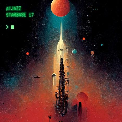 Texte: "ATJAZZ STARBASE 17". Eine futuristische Szenerie mit einem Turm, Planeten und einem kosmischen Hintergrund.