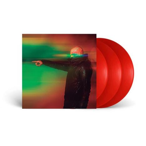 Es sind keine Texte im Bild. Ein Mensch zeigt zur Seite, umgeben von grünen und roten Farbstreifen, daneben drei rote Schallplatten.