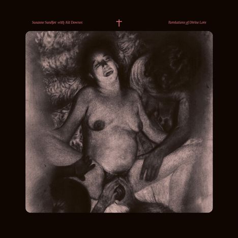 "Susanne Sundfør with Kit Downes. Revelations of Divine Love." Zeichnung einer Person mit geschlossenen Augen, von anderen umgeben.
