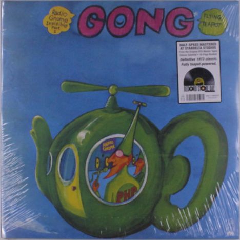 Texte: "GONG", "Flying Teapot", "Radio Gnome Invisible Part 1". Illustration: Grüne Teekanne mit Rotorblättern.