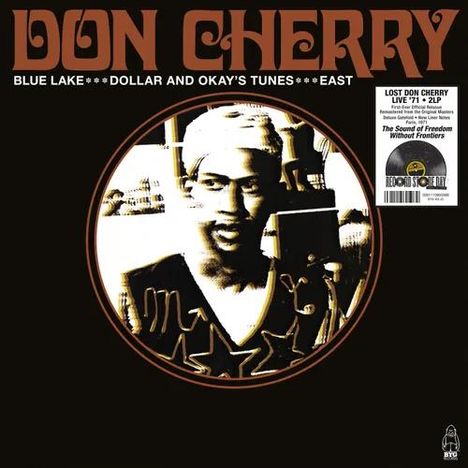 Oben steht "Don Cherry". Darunter "Blue Lake *** Dollar And Okay's Tunes *** East". Ein Musiker im Retro-Stil ist abgebildet.