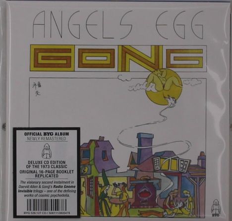 "ANGELS EGG, GONG" in großen Buchstaben. Illustration: Gebäude und ein gelber Charakter auf einem Mond, der raucht.