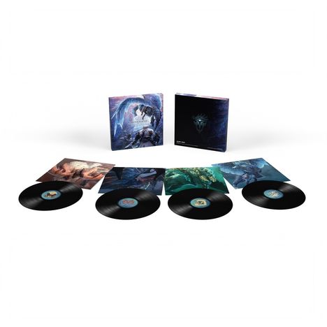 Vier schwarze Schallplatten und Schutzhüllen mit fantastischen Illustrationen, eine Box mit eisigem Drachenmotiv.