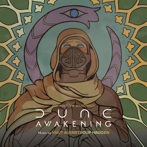 „Dune Awakening“ Soundtrack von Knut Avenstroup Haugen. Illustration: Person mit Kapuze und Maske, umrahmt von geometrischen Mustern.